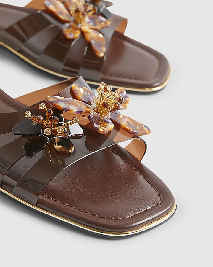 Brown Perspex Flower Flat Sandals