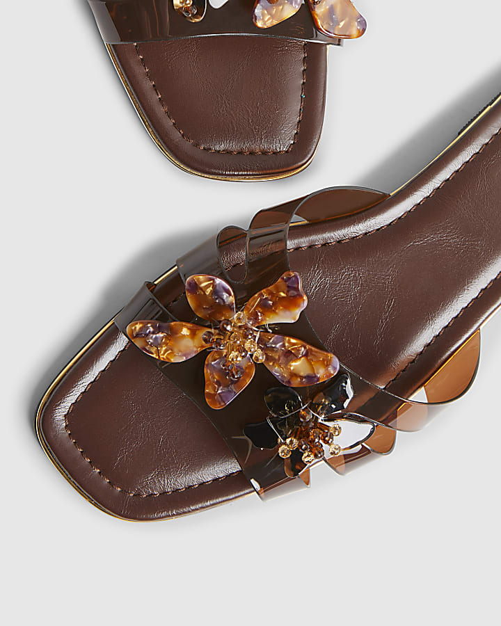 Brown Perspex Flower Flat Sandals