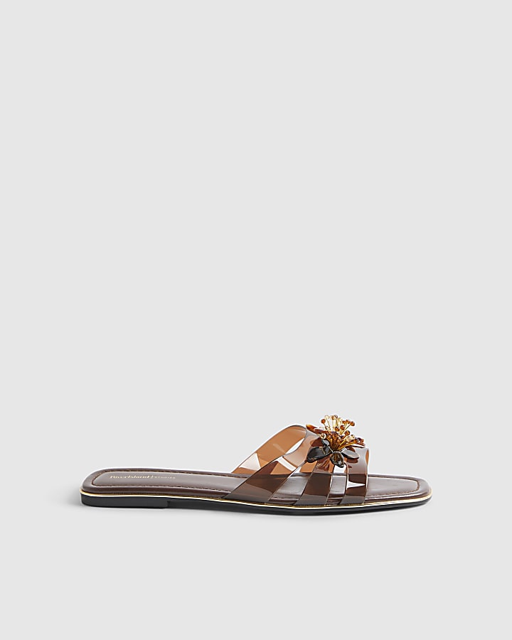 Brown Perspex Flower Flat Sandals