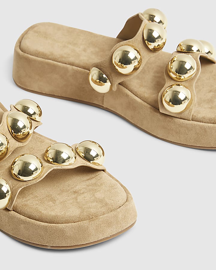 Beige Studded Flatform Sandals