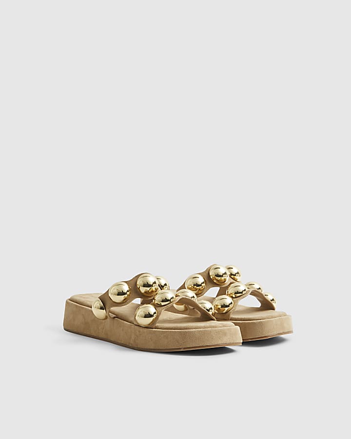 Beige Studded Flatform Sandals