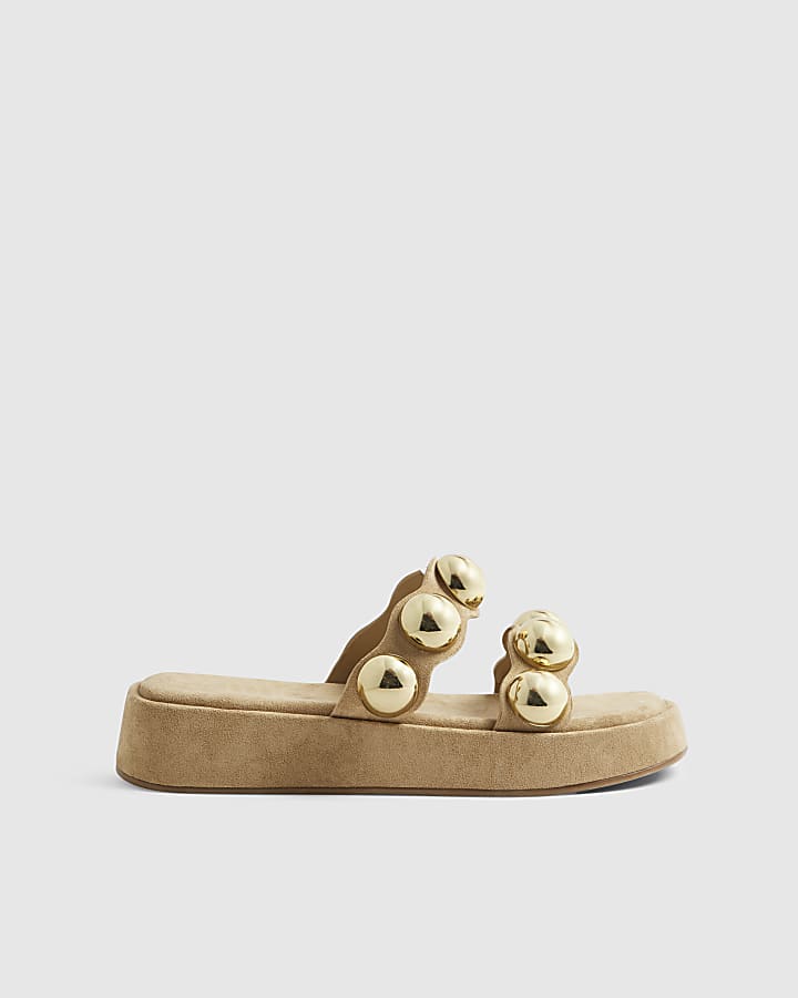 Beige Studded Flatform Sandals