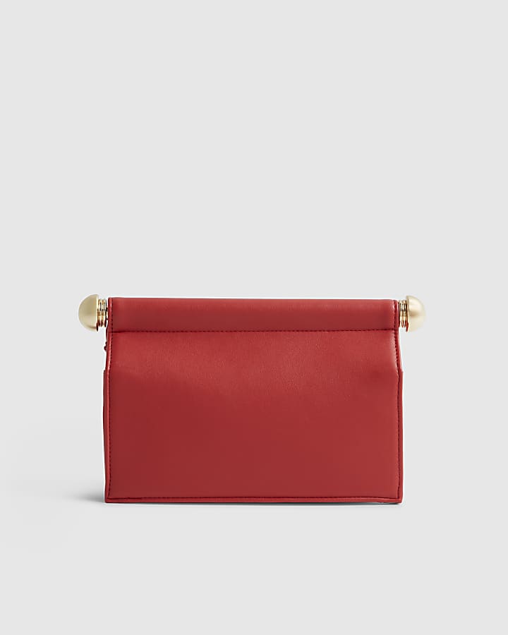 Red Metal Handle Foldover Clutch Bag