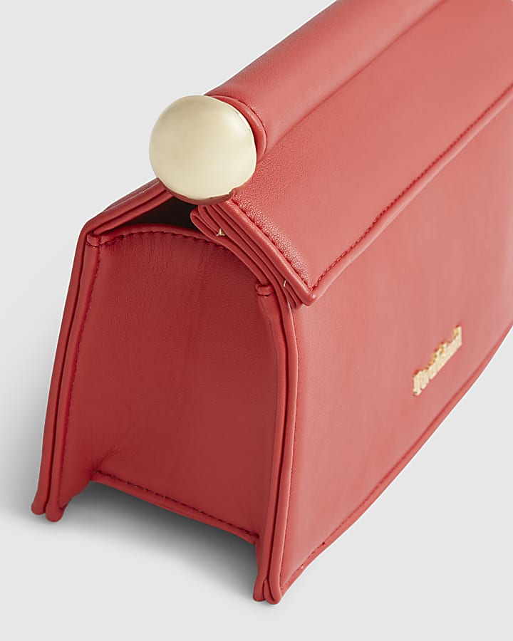 Red Metal Handle Foldover Clutch Bag