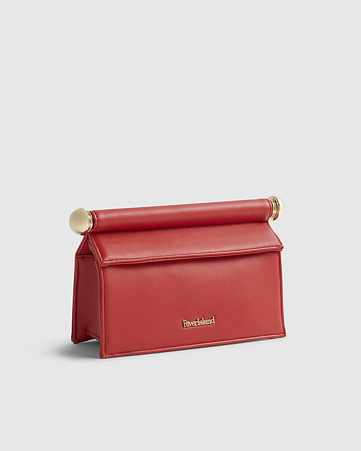 Red Metal Handle Foldover Clutch Bag