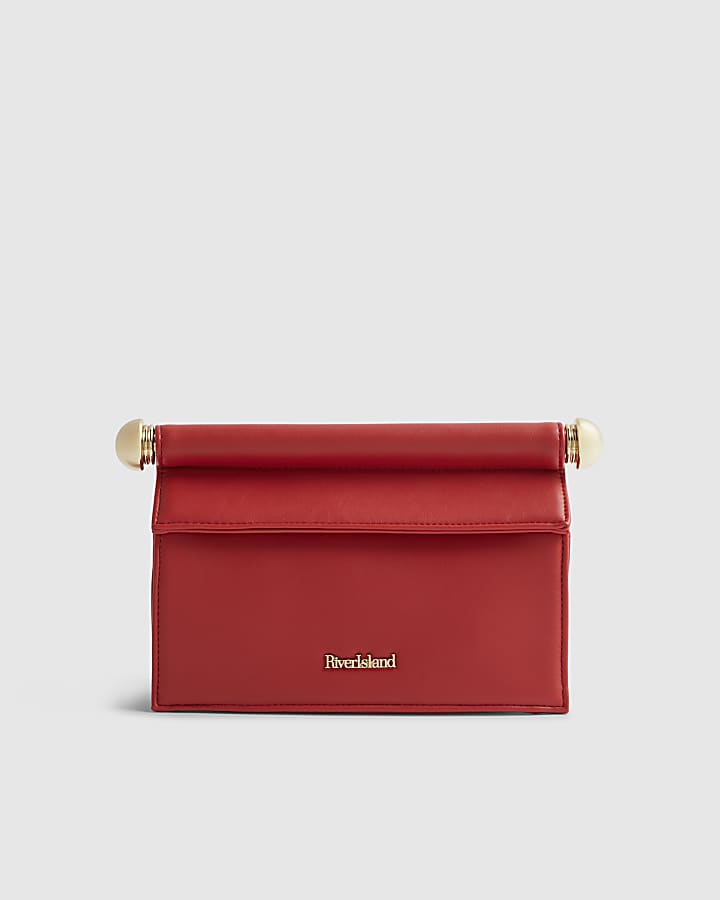Red Metal Handle Foldover Clutch Bag