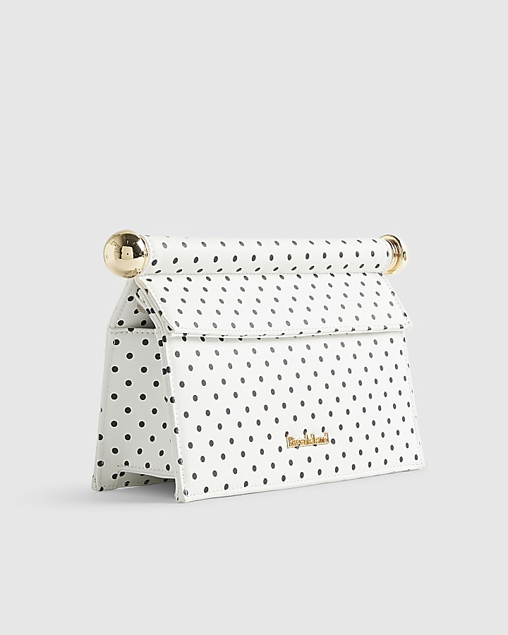 White Metal Handle Foldover Clutch Bag