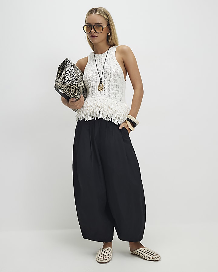 Petite Black Poplin Barrel Leg Trousers