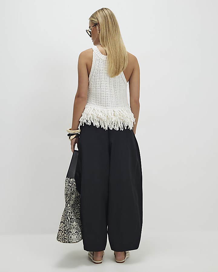 Petite Black Poplin Barrel Leg Trousers