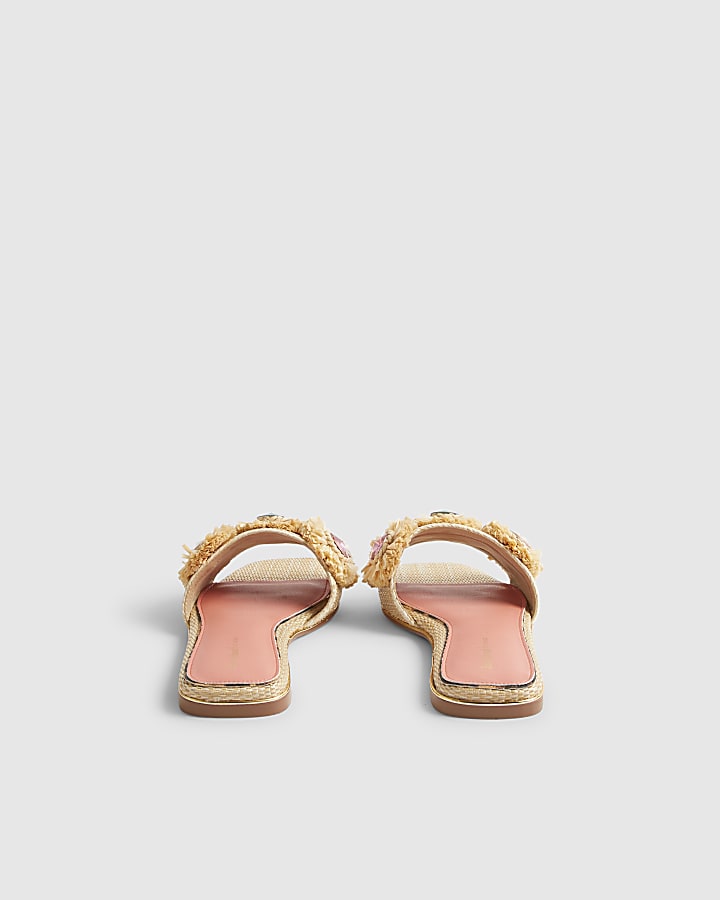 Beige Flower Raffia Flat Sandals