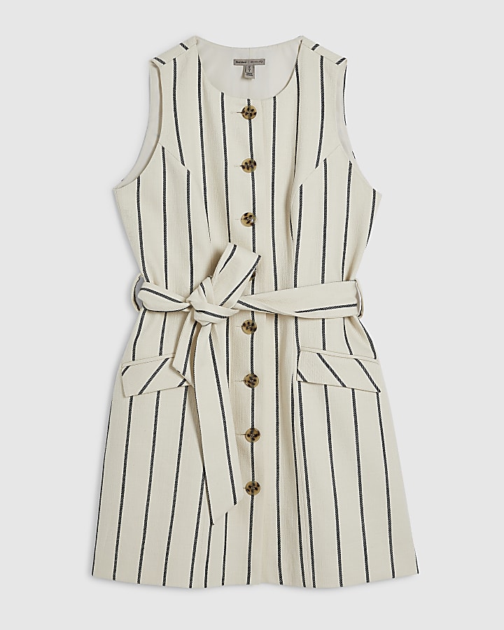 Cream Cotton Striped Tie Waist Mini Dress