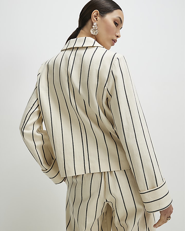 Cream Cotton Long Sleeve Striped Blazer