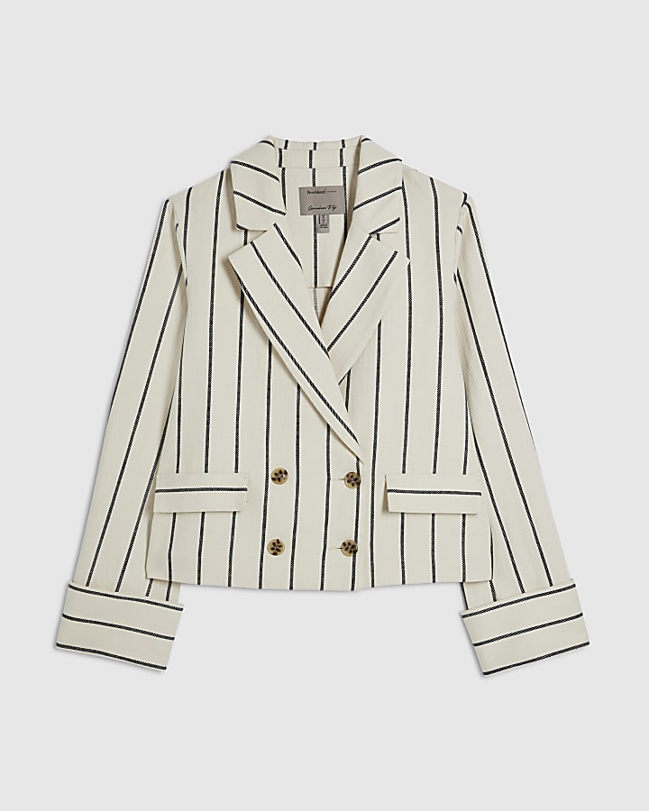 Cream Cotton Long Sleeve Striped Blazer
