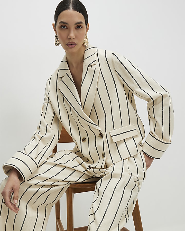 Cream Cotton Long Sleeve Striped Blazer