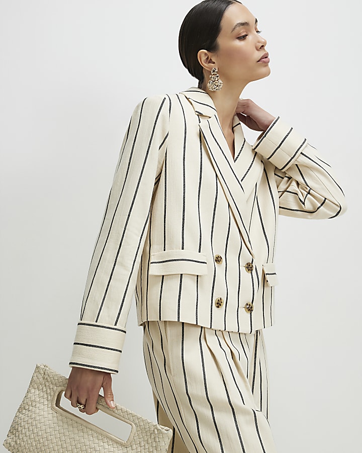 Cream Cotton Long Sleeve Striped Blazer
