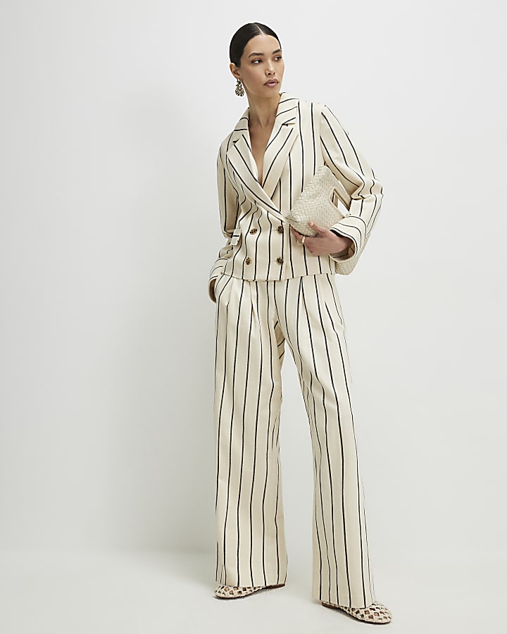 Cream Cotton Long Sleeve Striped Blazer
