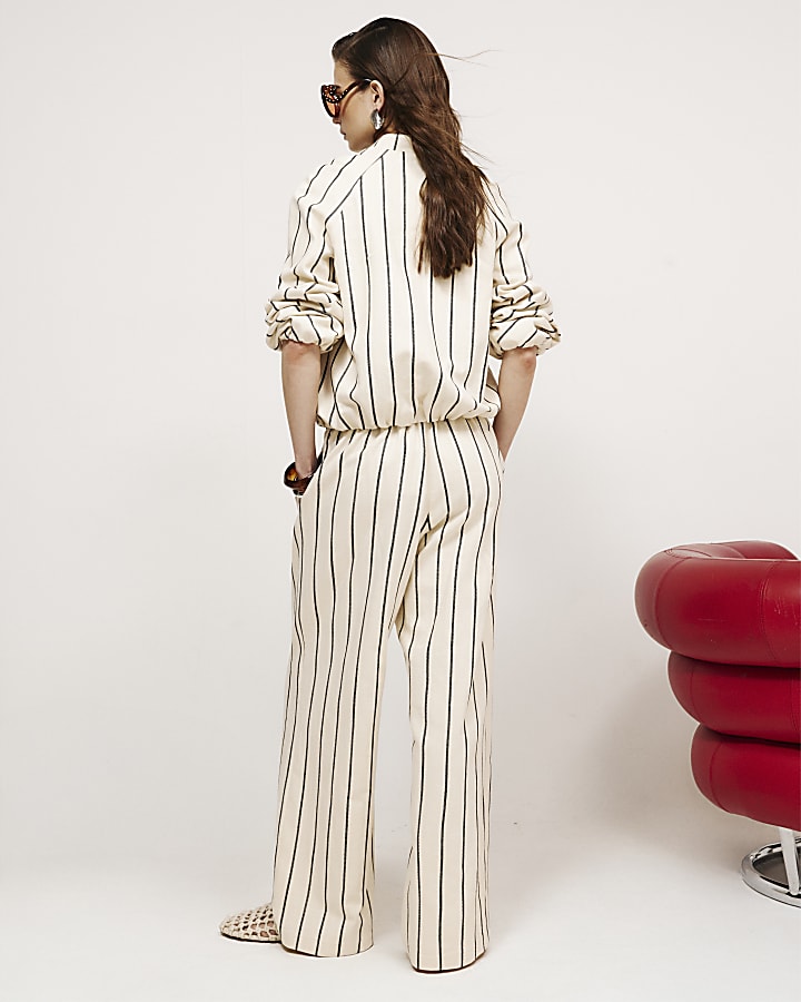 Cream Cotton Striped Wide Leg Trousers
