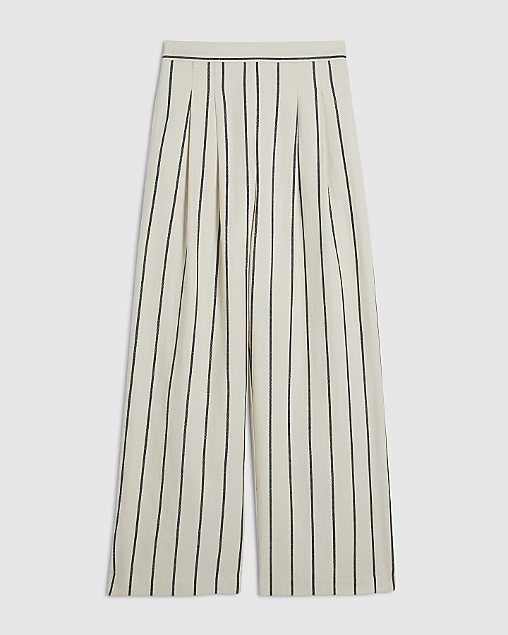 Cream Cotton Striped Wide Leg Trousers