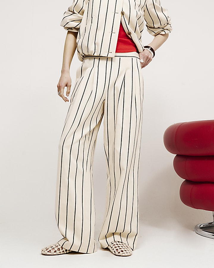 Cream Cotton Striped Wide Leg Trousers