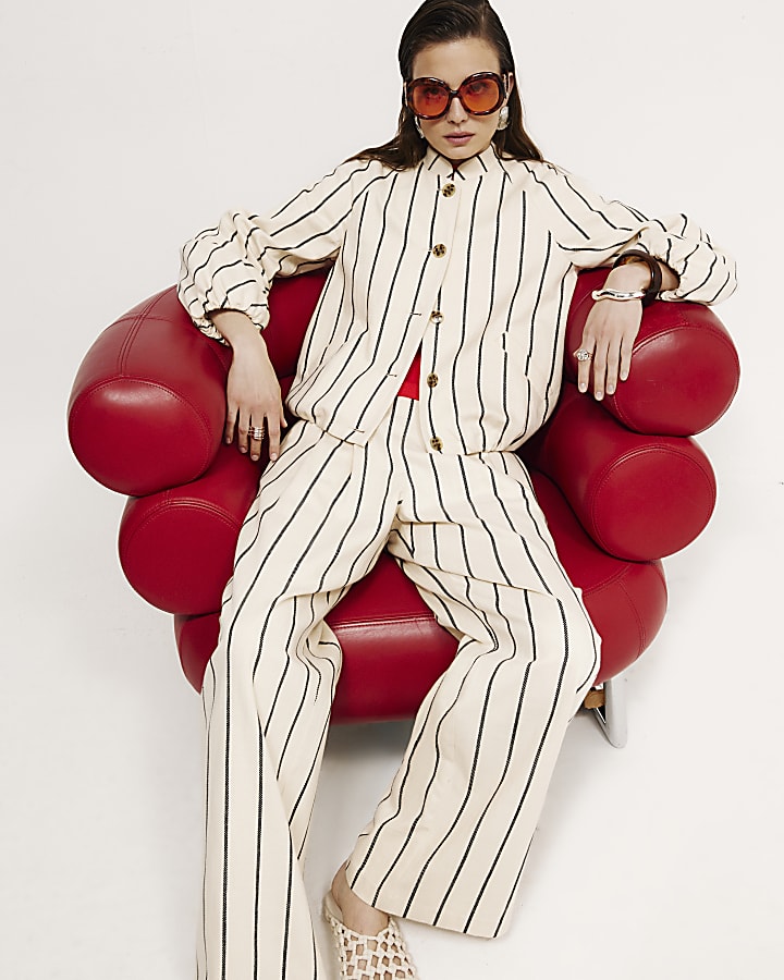 Cream Cotton Striped Wide Leg Trousers