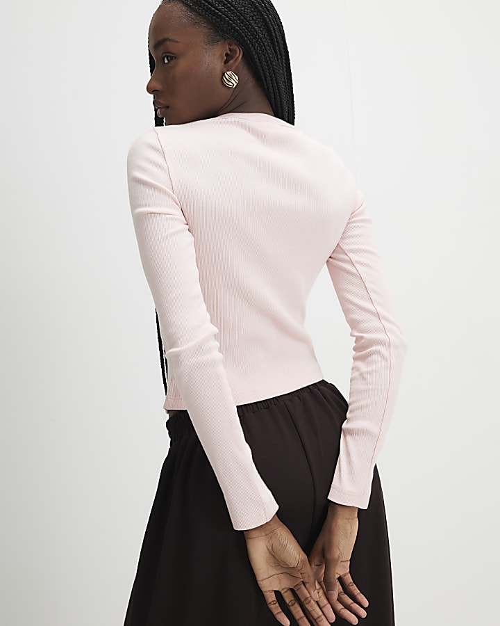 Pink Long Sleeve Rib Cardigan