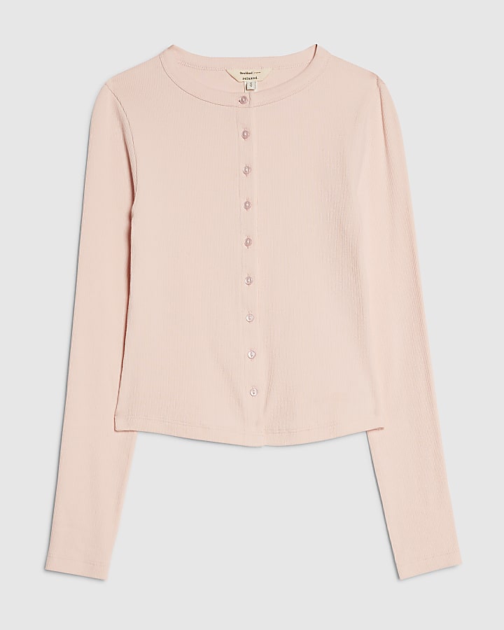 Pink Long Sleeve Ribbed Button Up Top