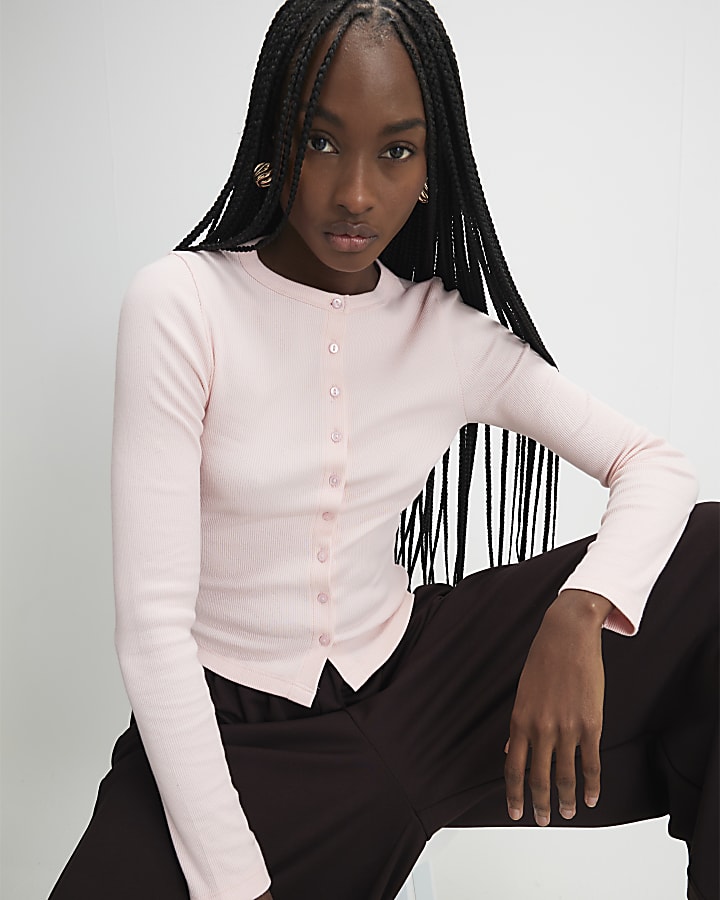 Pink Long Sleeve Rib Cardigan