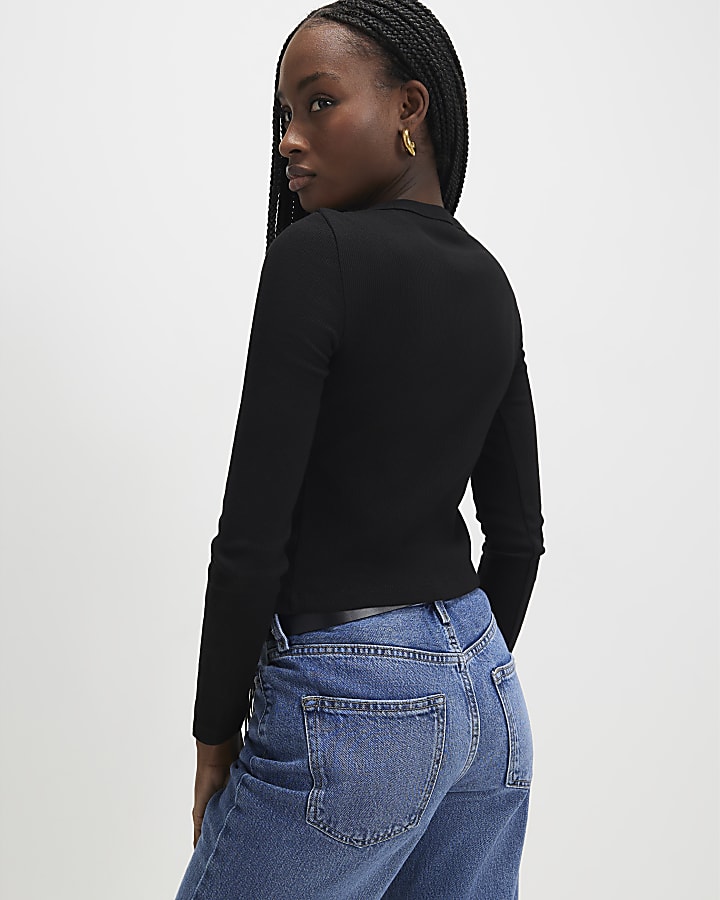 Black Long Sleeve Ribbed Button Up Top
