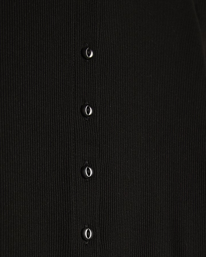 Black Long Sleeve Ribbed Button Up Top
