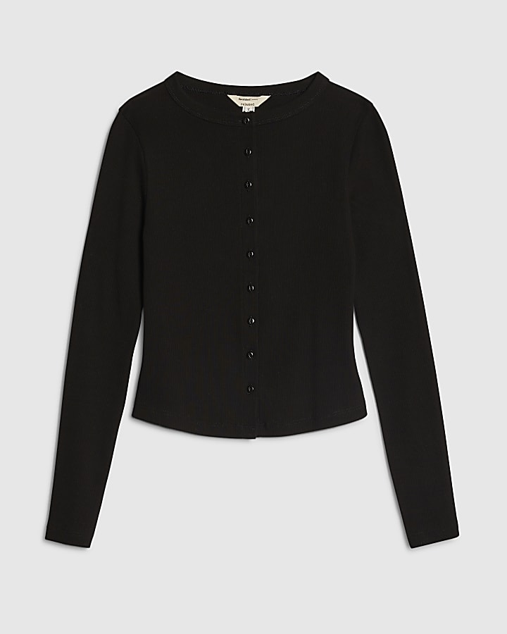 Black Long Sleeve Ribbed Button Up Top