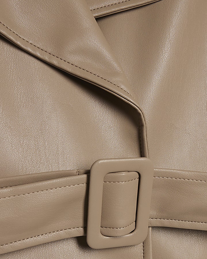 Beige Faux Leather Belted Trench Jacket