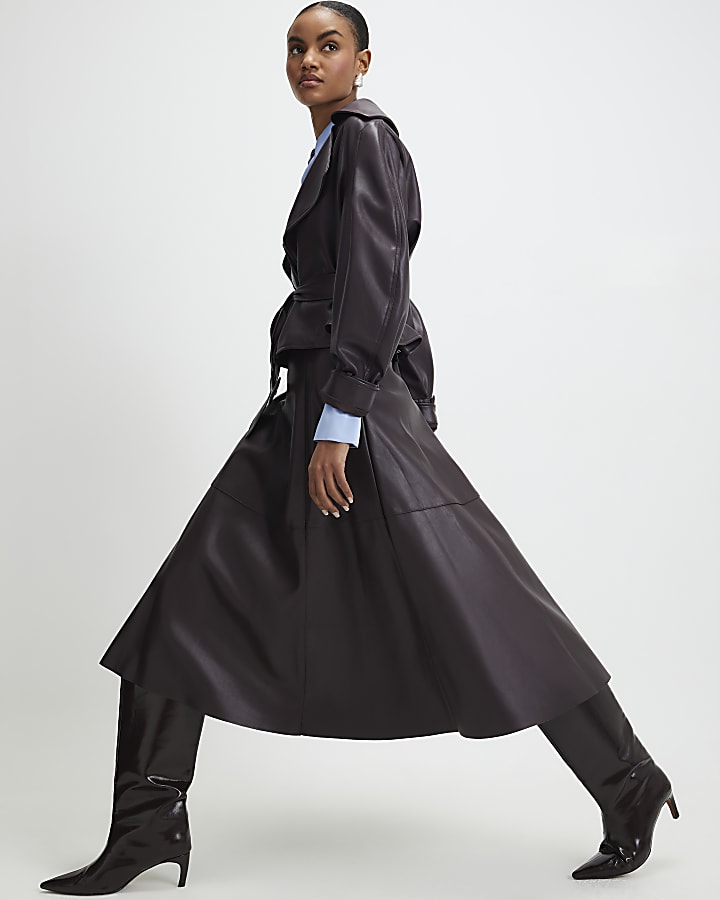 Red Faux Leather Full Circle Midi Skirt