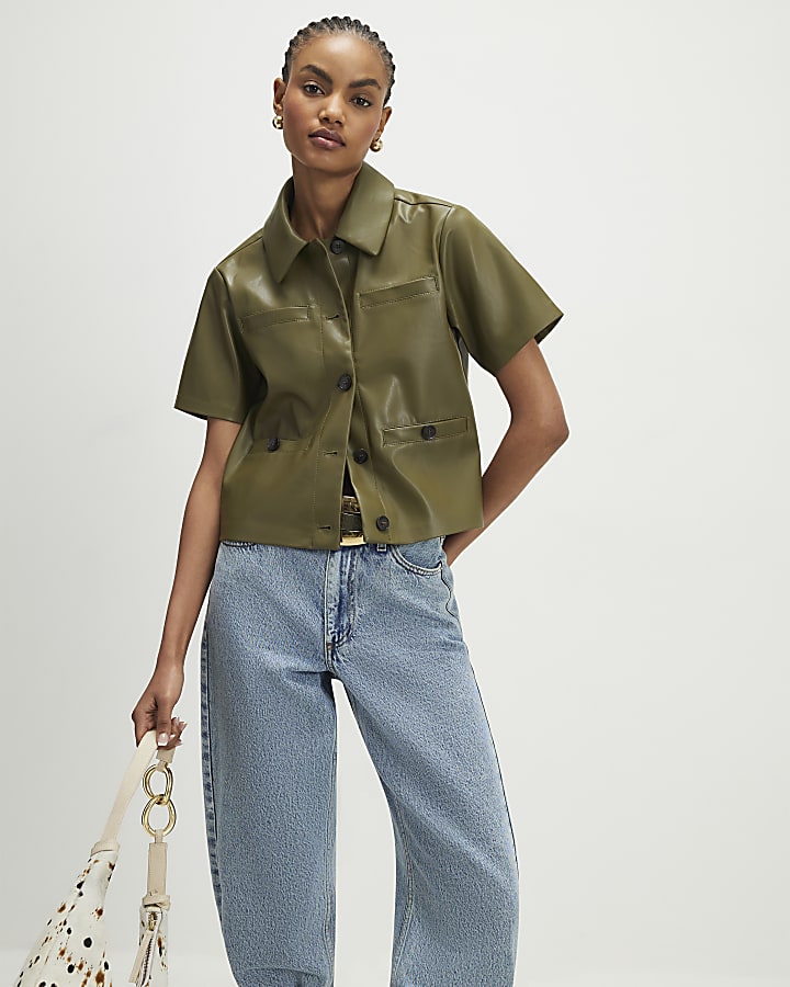 Khaki Faux Leather Shirt