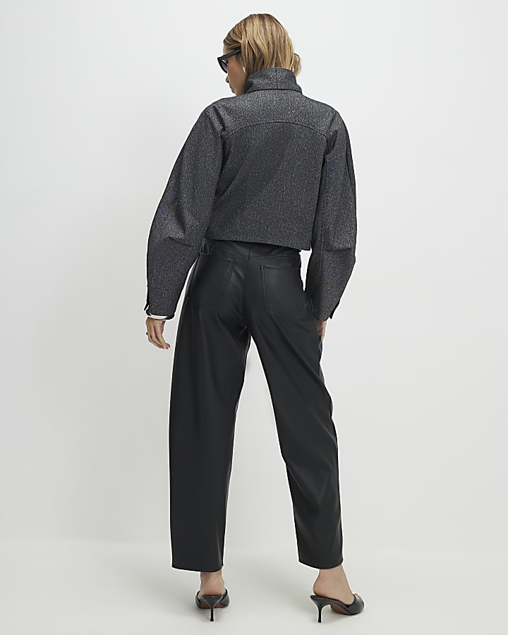 Black Faux Leather Barrel Leg Trousers