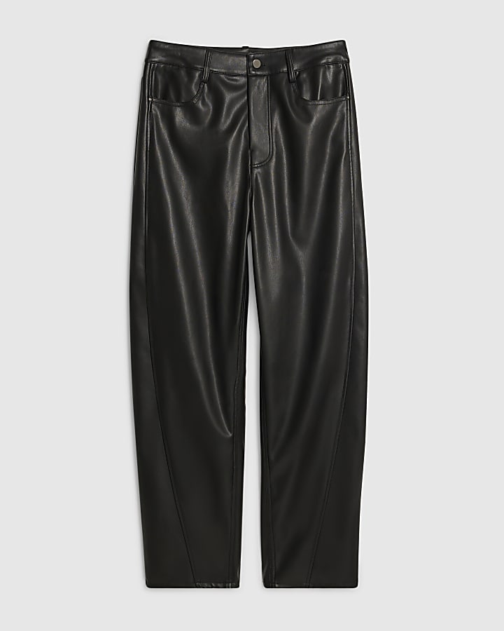 Black Faux Leather Barrel Leg Trousers