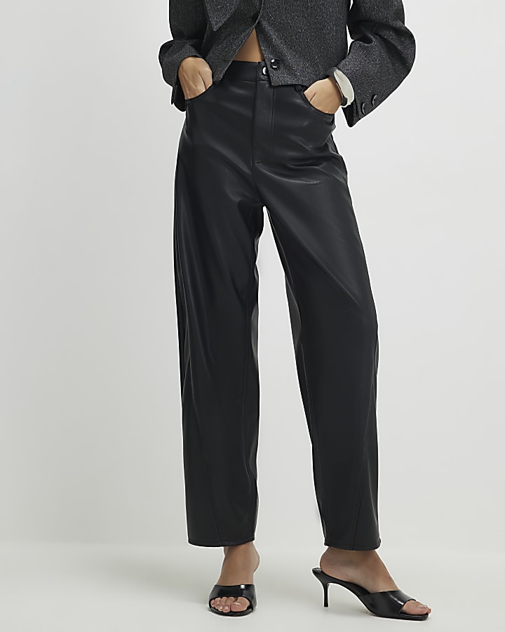 Black Faux Leather Barrel Leg Trousers