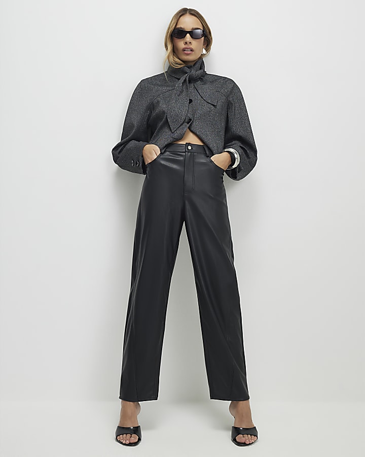 Black Faux Leather Barrel Leg Trousers