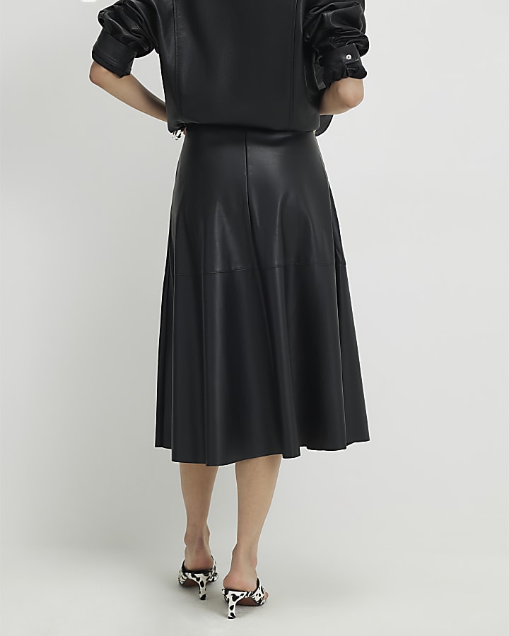 Black Faux Leather Full Circle Midi Skirt