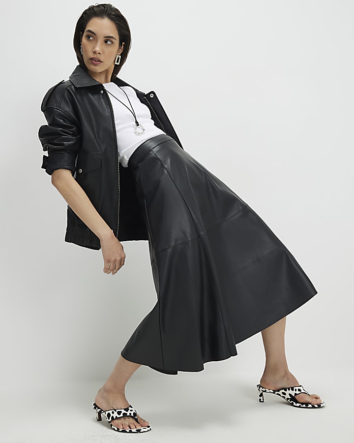 Black Faux Leather Full Circle Midi Skirt