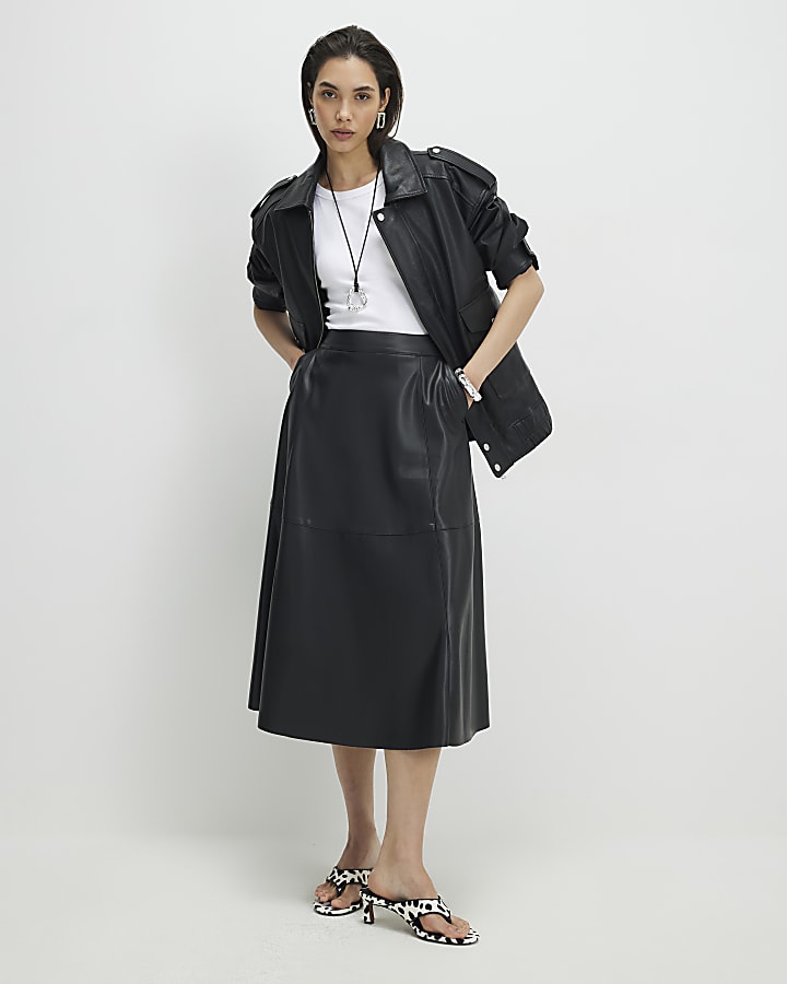 Black Faux Leather Full Circle Midi Skirt