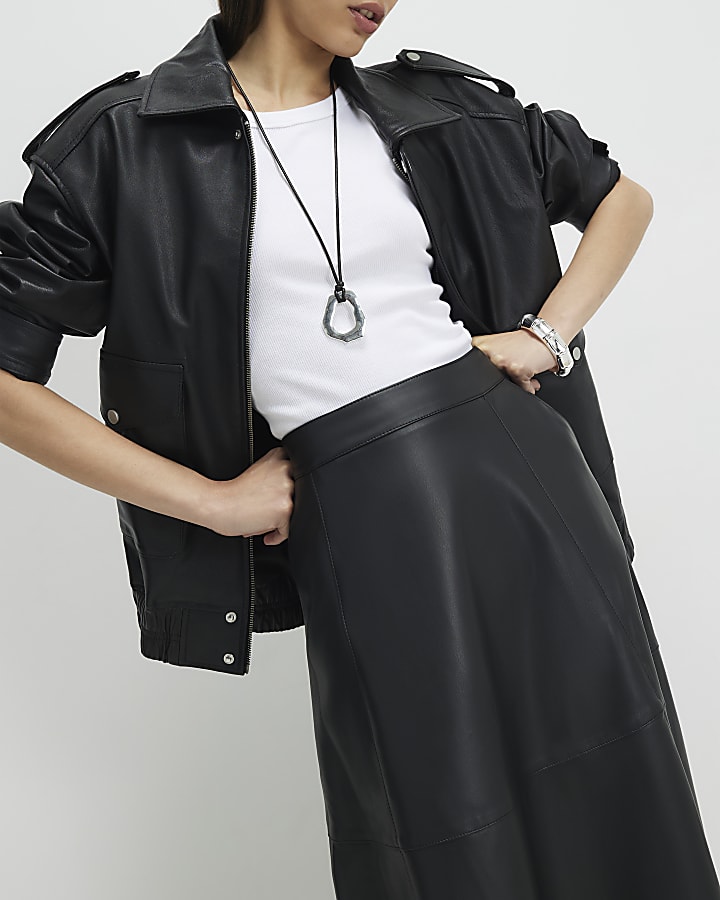 Black Faux Leather Full Circle Midi Skirt