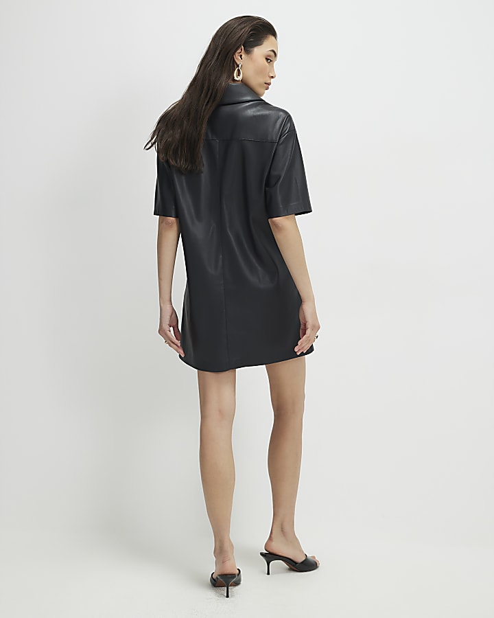 Black Faux Leather Pocket Detail Shirt Dress