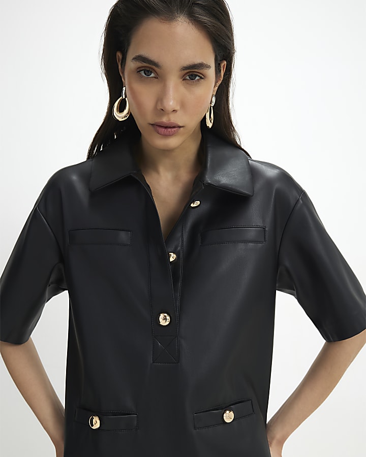Black Faux Leather Pocket Detail Shirt Dress