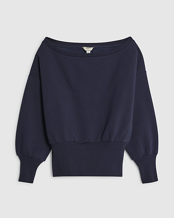 Navy Long Sleeve Off Shoulder Sweatshirt