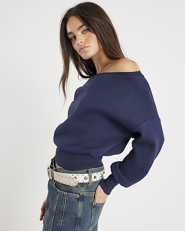 Navy Long Sleeve Off Shoulder Sweatshirt