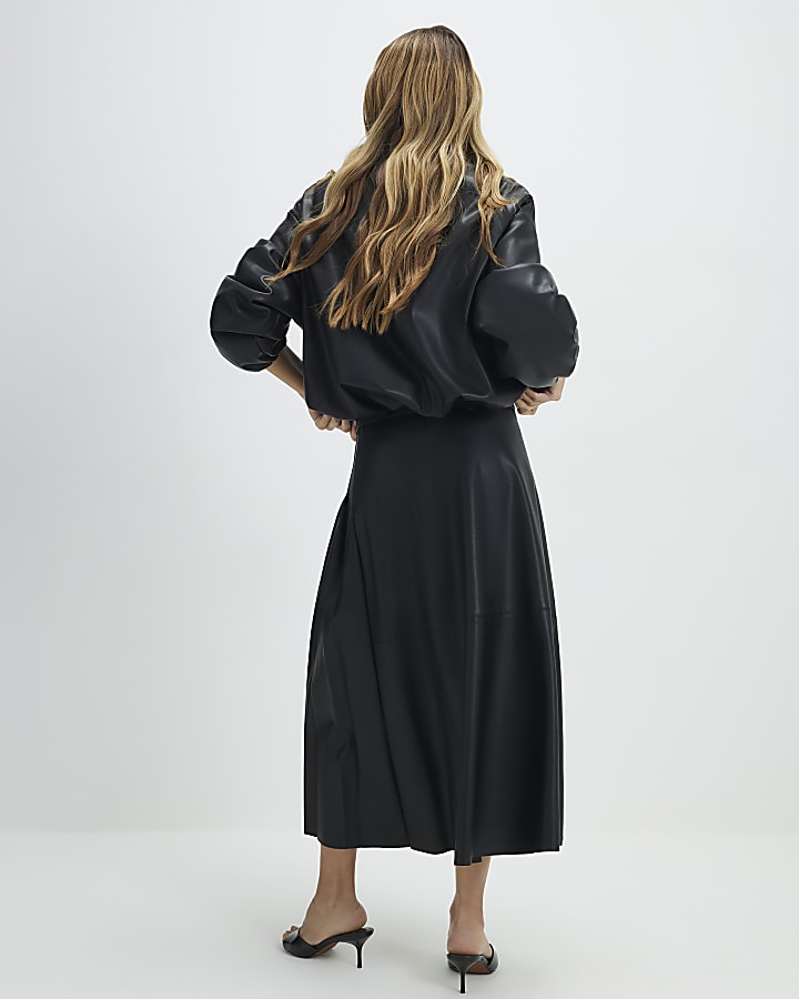 Black Faux Leather Belted Pleated Midi Skirt