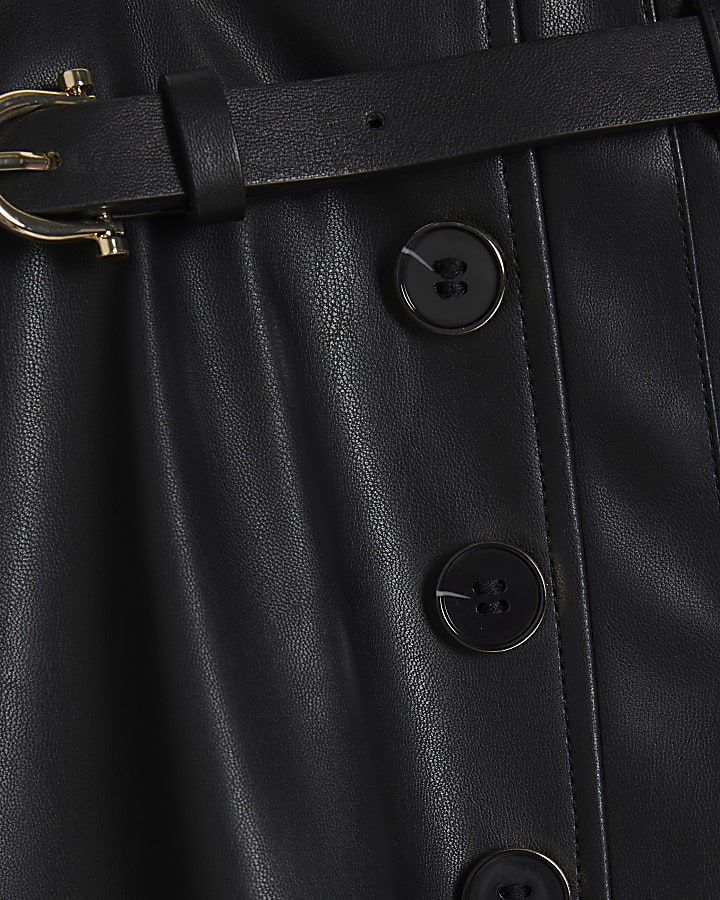 Black Faux Leather Belted Pleated Midi Skirt