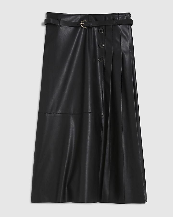 Black Faux Leather Belted Pleated Midi Skirt