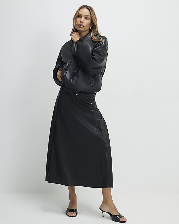 Black Faux Leather Belted Pleated Midi Skirt
