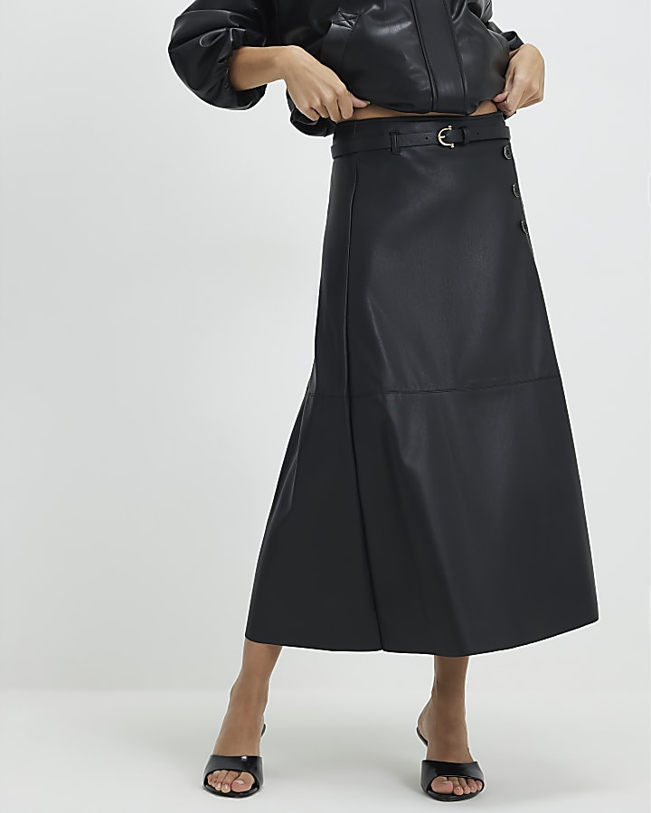 Black Faux Leather Belted Pleated Midi Skirt